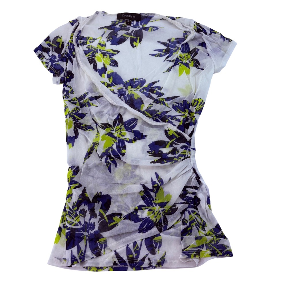 Karen Kane Womens M Floral Mesh Wrap Top Purple Lime Green Ruched Sheer USA Made